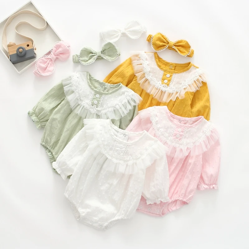 Princess Cotton Jacquard Newborn Baby Girls Bodysuits Ruffles Lace Girls Onesie Clothes for 2024 Spring Summer