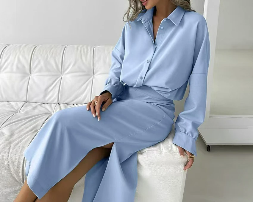 

2025 Elegant Women's Two Piece Fashion Long Sleeve Single Breasted Shirt and High Waist Split Skirt Set
