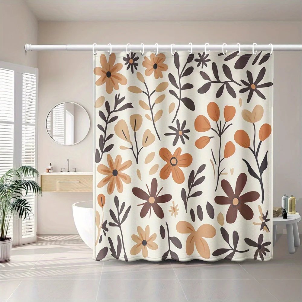 

1 шт. теплая занавеска для душа с цветочным принтом терракотового цвета, ткань из полиэстера с крючками, подходит для декора ванной комнаты.