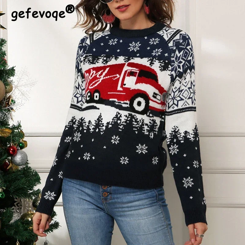 Damski sweter z dzianiny Cartoon Snowflake Bus Christmas Jesień Zima Moda Damskie swetry z długim rękawem Y2K Xmas Jumpers