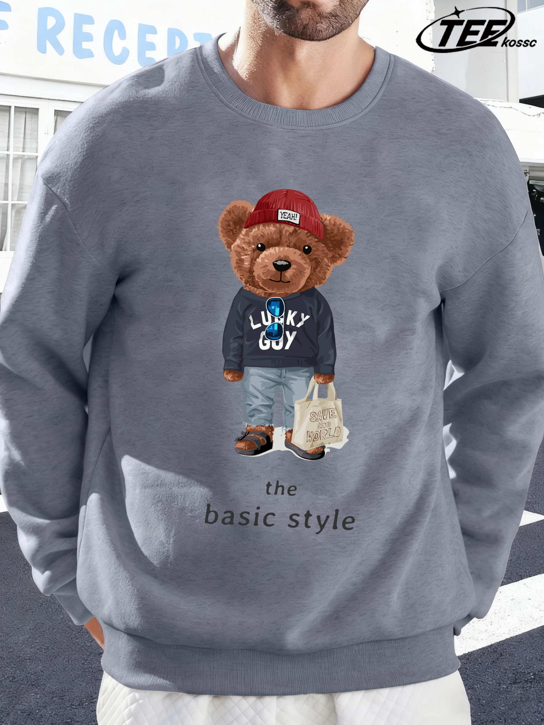 Grundlegende Outfits für Cartoon-Bären-Druck, Herren-Sweatshirt, lockere Kleidung, modischer Fleece-Pullover, Herbst, Unisex, Basics, Trainingsanzug