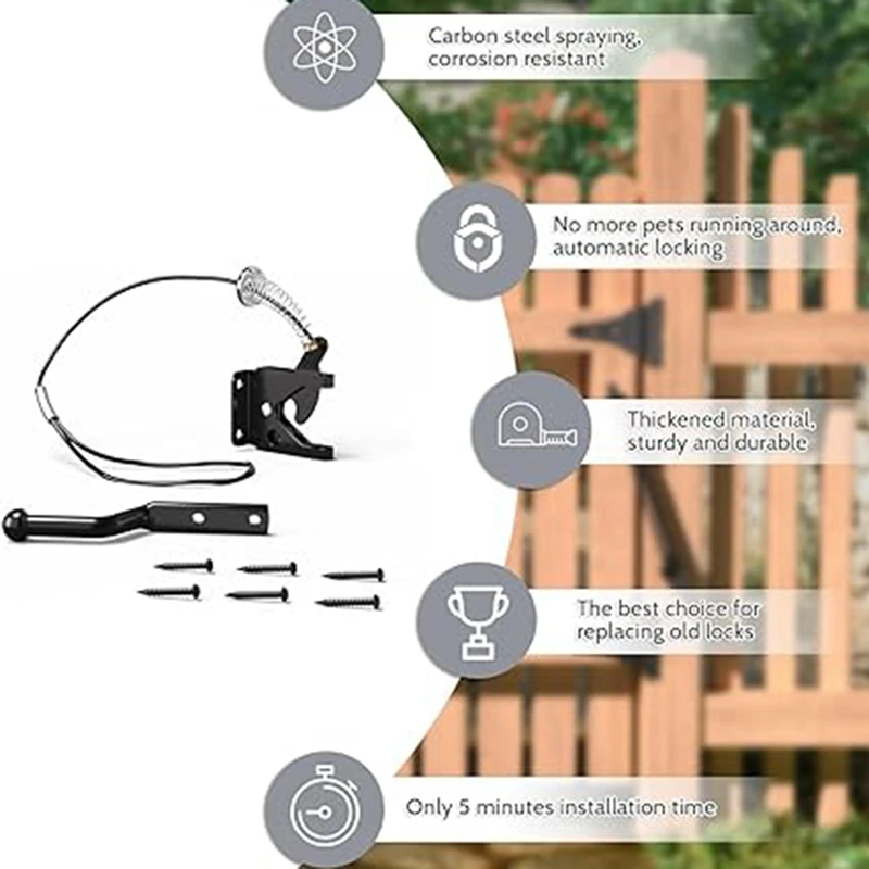 Trava com extrator de mola, Fence Door Lock, Fechadura pequena com corda, Adequado para portões de vedação