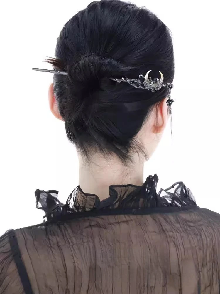 YHJ NEW Black Hairpin Original New Chinese Style Spicy Girl Moon Hair Ornament Cold Style Hair Accessories for Women Girls