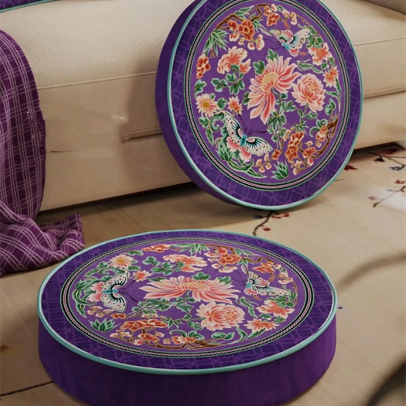 Chinese Style Round Floor Cushion, Purple Peony Butterfly Thickened Meditation Cushion, Non-slip Soft Floor Pillow for Tatami