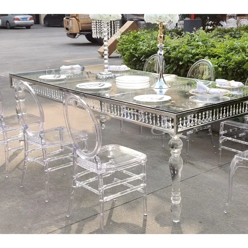 

Transparency rectangular stainless steel frame wedding acrylic banquet clear dining table with leg