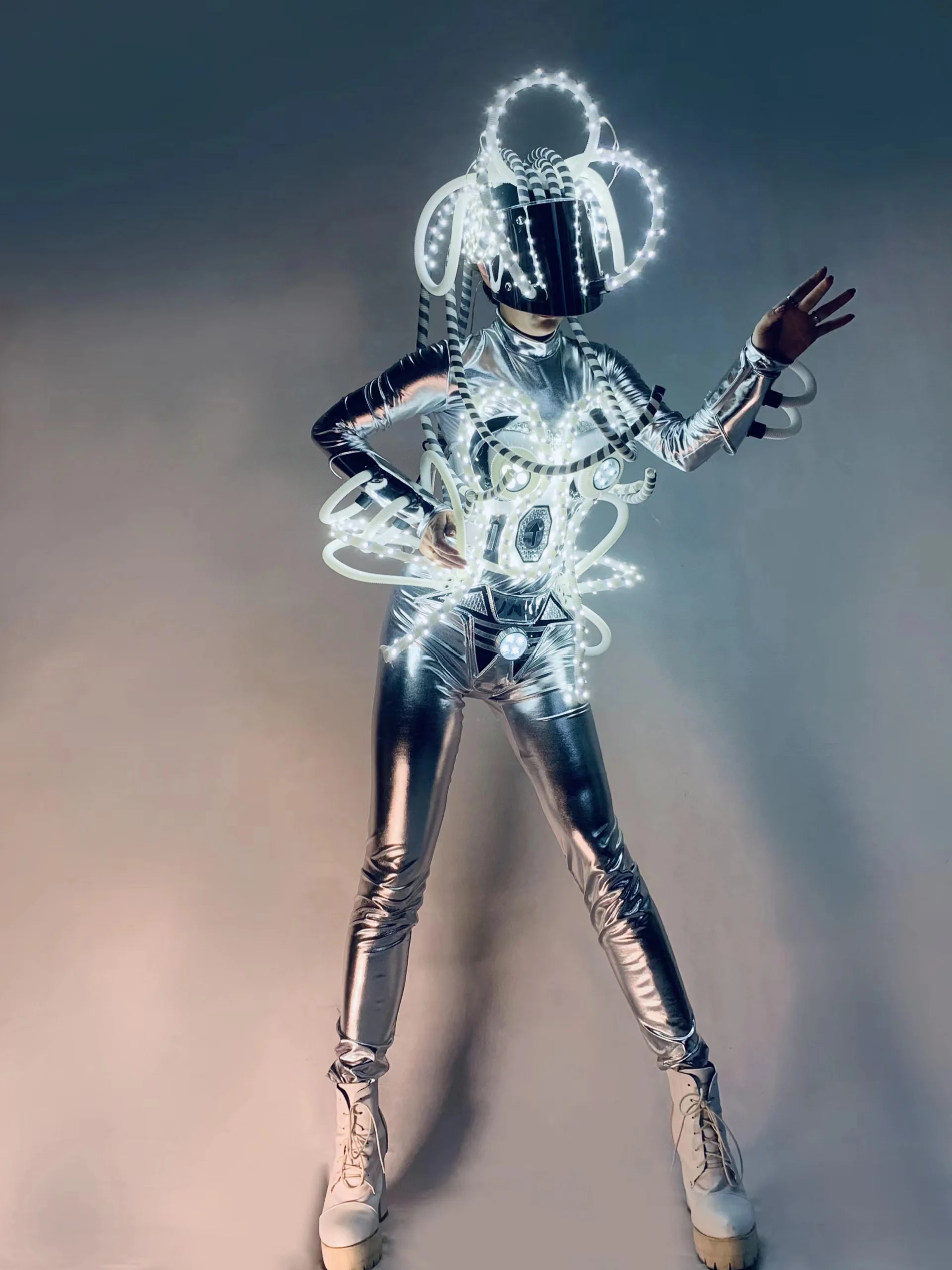 Technology Sense Dancer Performance Stage Costume LED Headwear Split Suit Bodysuit Gogo Dance Clothes Rave Clothing