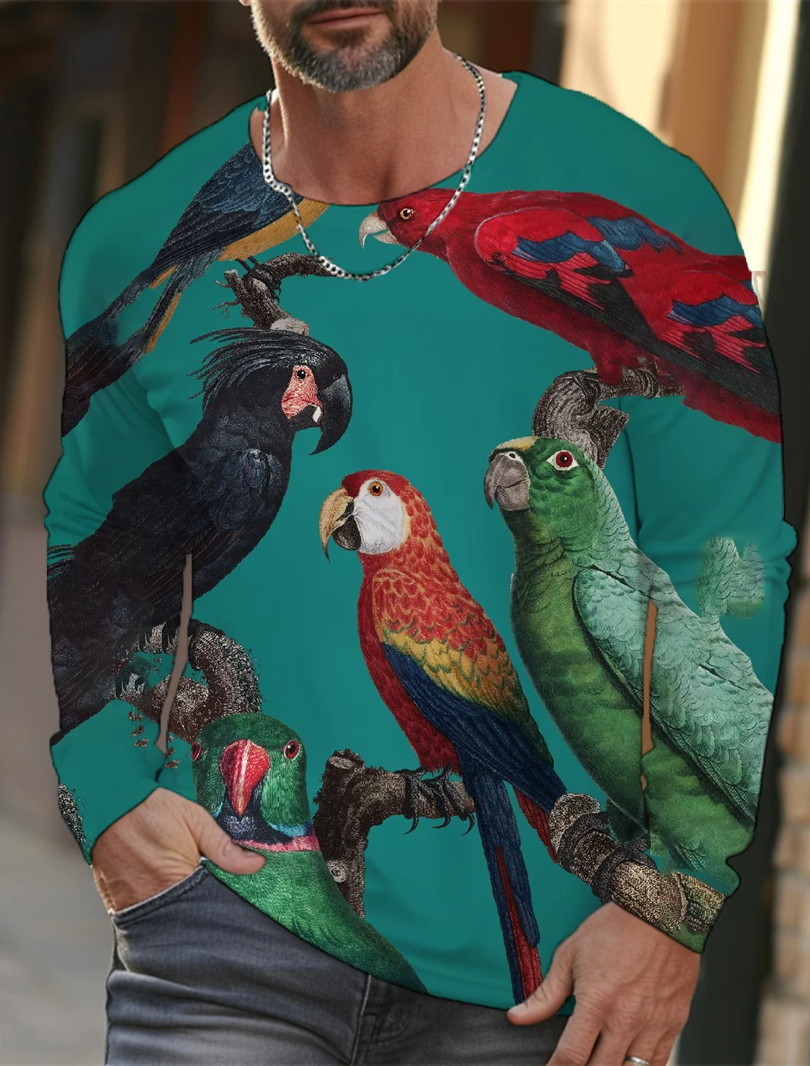 2024 new men\'s long-sleeved T-shirt 3D printing HD parrot bird print men\'s autumn tops casual round neck home clothes