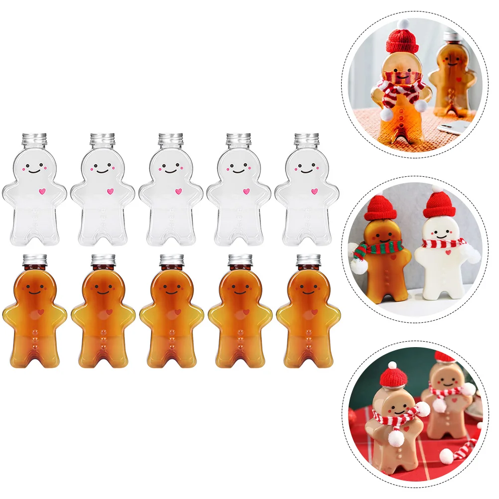 

10 Pcs Christmas Drink Beverage Containers Clear Design Gingerbread Man Water Bottles Xmas Party Candy Jars Gift Packing Flat