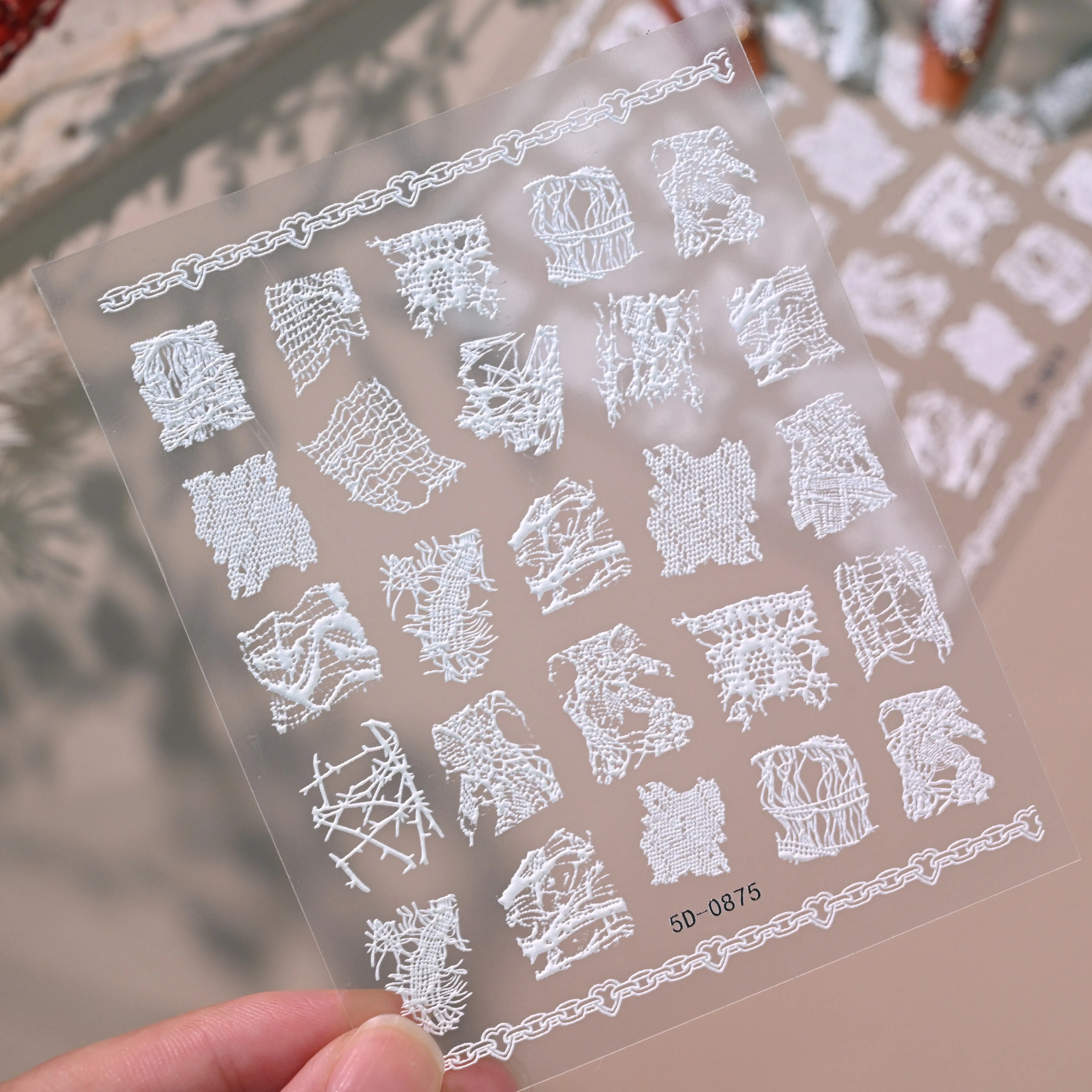 1/4pcs 5D White Lace Floral Nail Stickers Sexy Lace Ribbon Bow Heart Rose Broken Lattice Mesh Design Nail Decals DIY Nail Decors