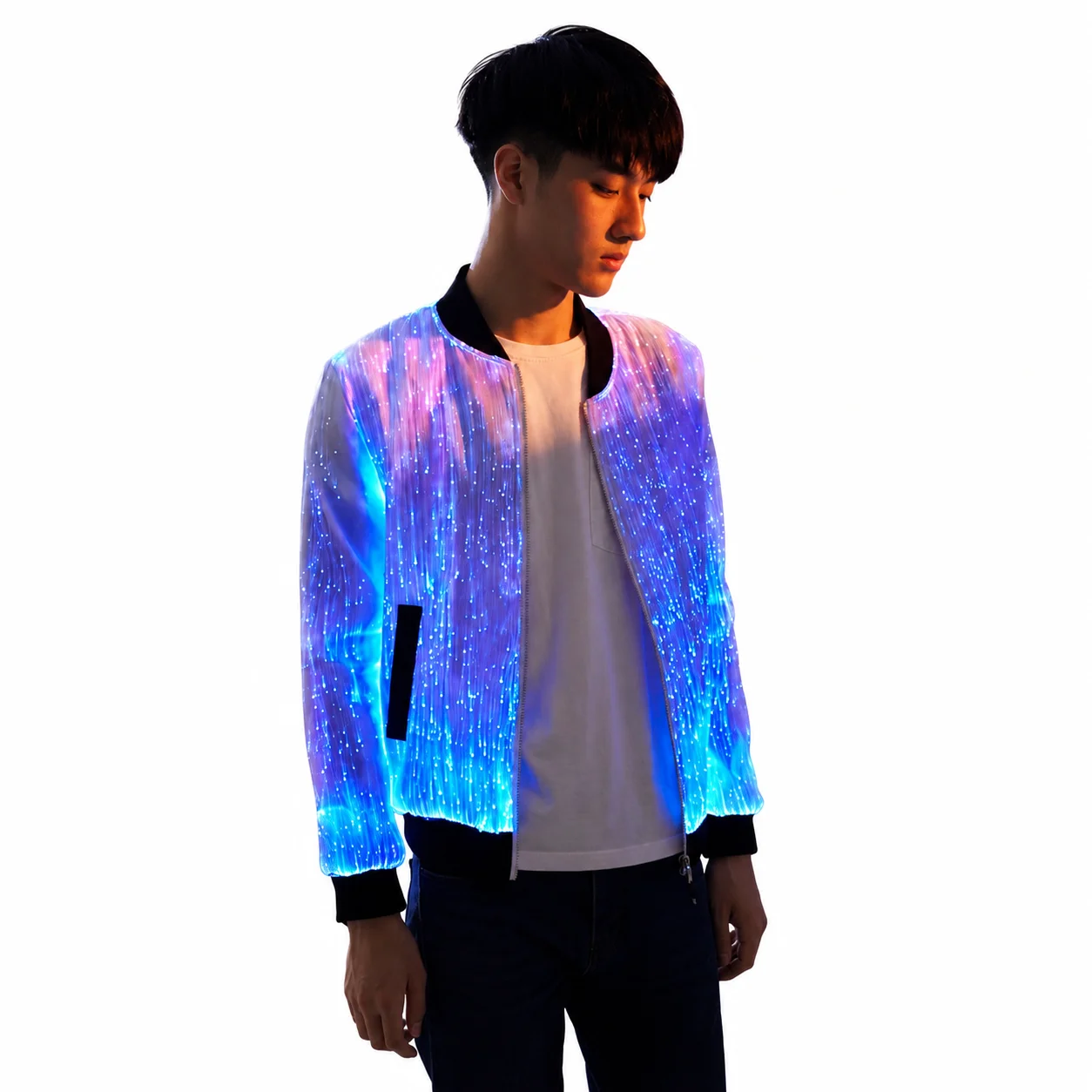 Black Luminous Jacket Aurora Spectrum LED Fiber Optic Jacket– Multi-Color Remote-Controlled Performance Coat