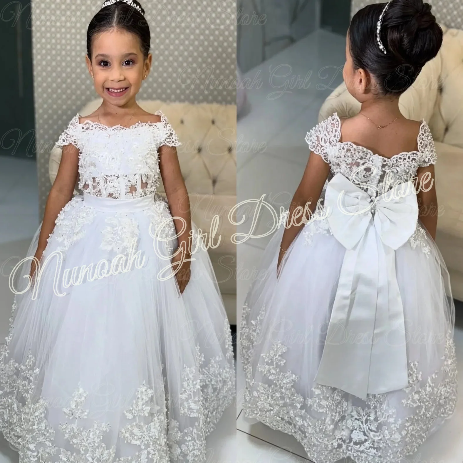 

Белые платья для девочек на свадьбу с кружевными аппликациями и бантом, нарядные платья для фотосессии, платья для первого причастия, индивидуальный пошив