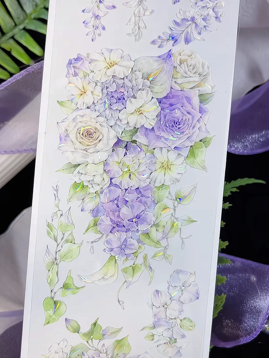 Listening Wind PET Shell Light Floral Bouquet Blue Green Purple Daily Life Washi Tape for Journaling Scrapbooking