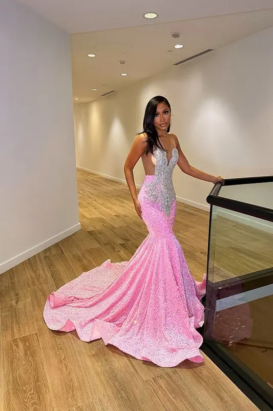 Vestido de fiesta largo de sirena con lentejuelas rosas para niña negra, vestido de noche Formal con cuentas de cristales, 2023