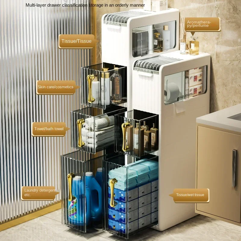 Light Luxury Plastic Bathroom Storage Rack: Narrow Cabinet Floor Type Mobile Trolley Sink Storage Cabinet Efficient Organization