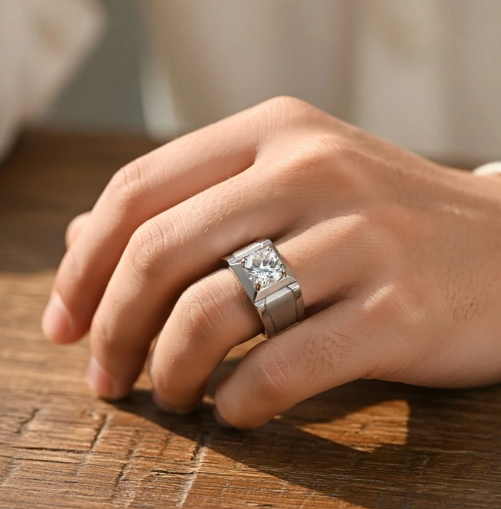 

Luxury Men's PT950 Square Moissanite Ring Brushed Matte Band Wedding Gift