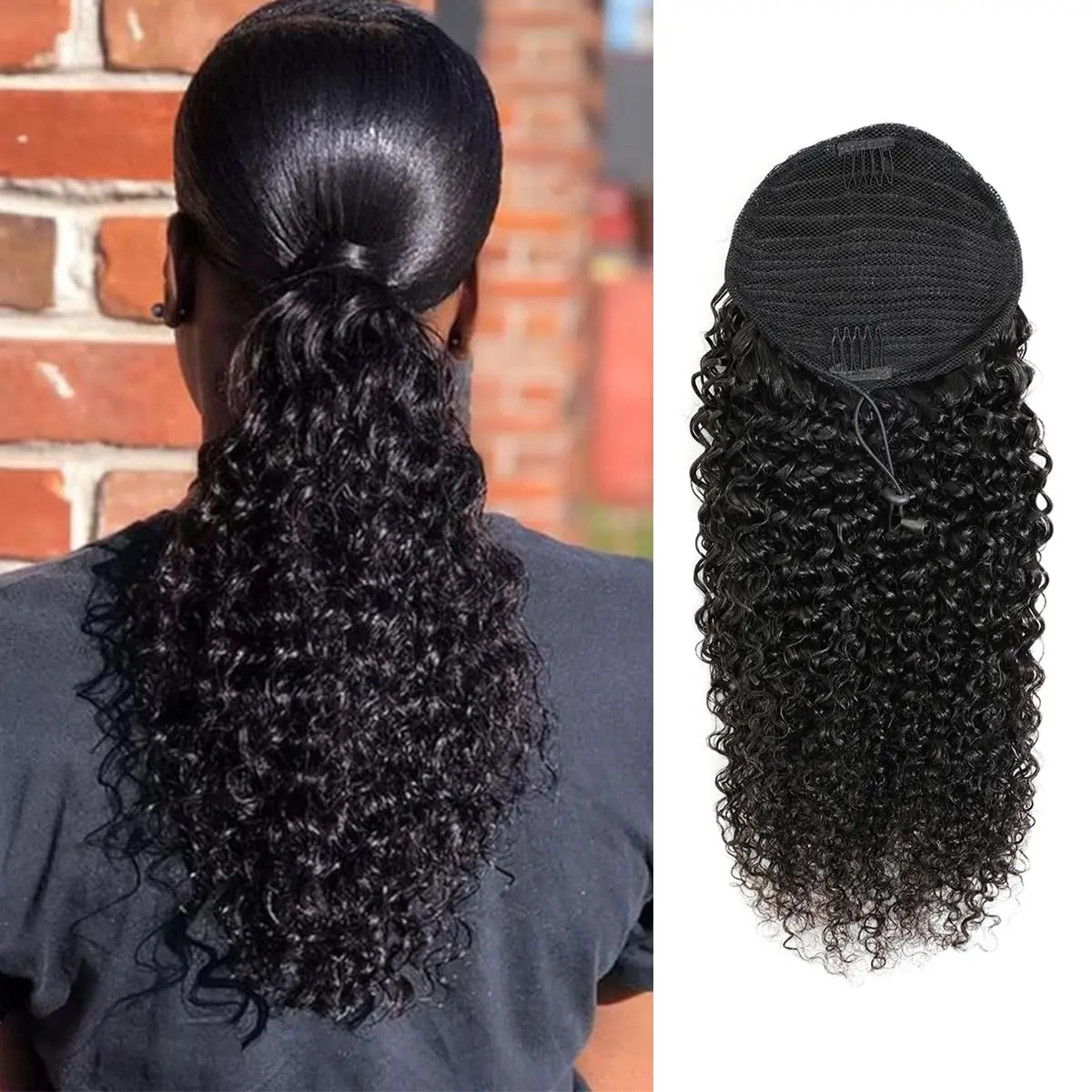Curly Human Hair Ponytail with Drawstring Extensin 3C Kinky Curly Hair Clip In Hair Piece Natural Color Silky Soft 22-24 Inch