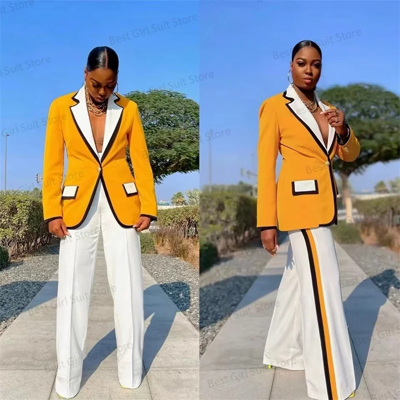 

Cotton Women Suit Pants Set Blazer+Trousers 2 Pieces Splicing Colors Wedding Tuxedos Prom Dress Custom Made Yellow Coat Jacket