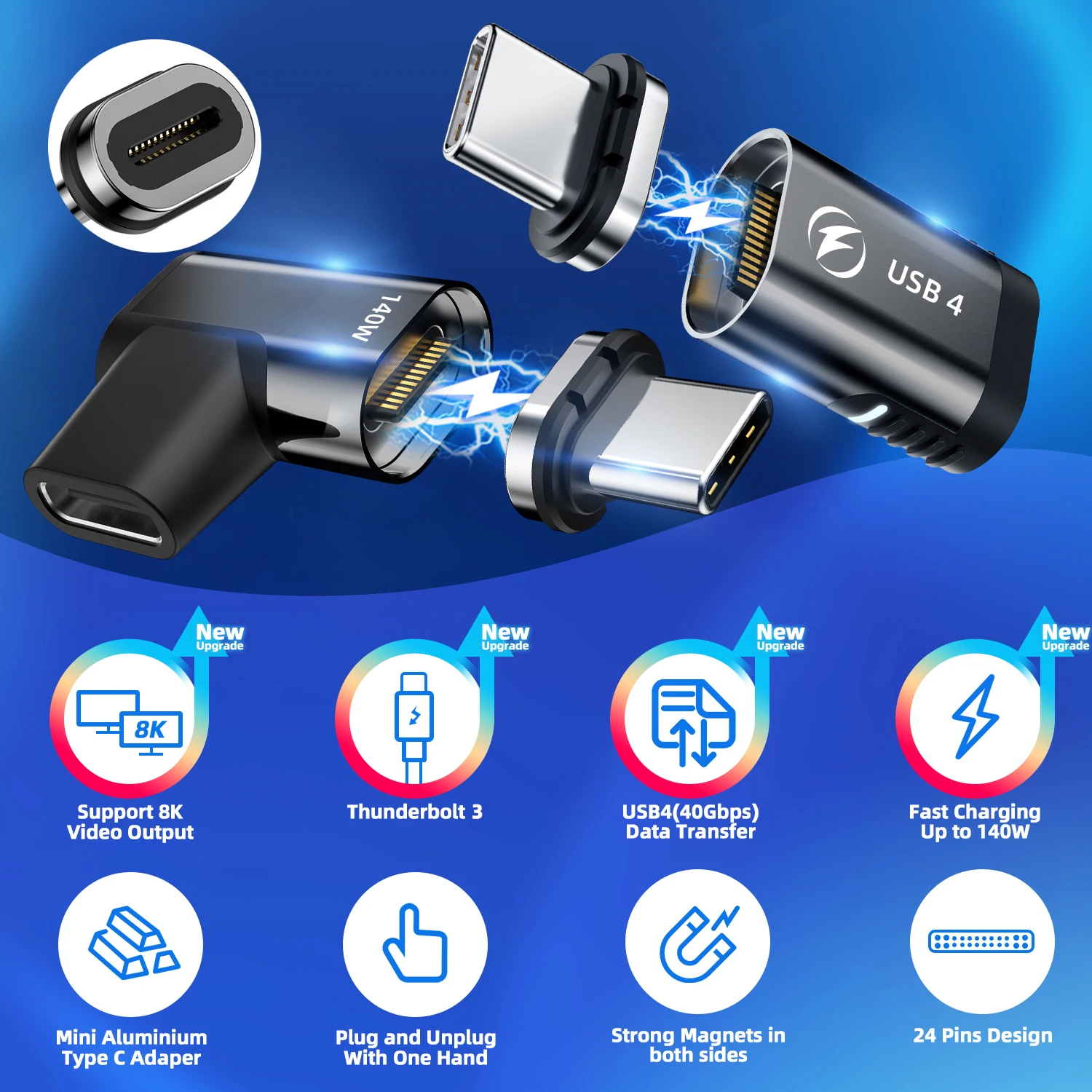 Fonken Usb Type C Magnetic Cable Connector 8K@60Hz 140W 40Gbps USB C To Type C Fast Charge Data Transmission OTG Adapter USB4.0