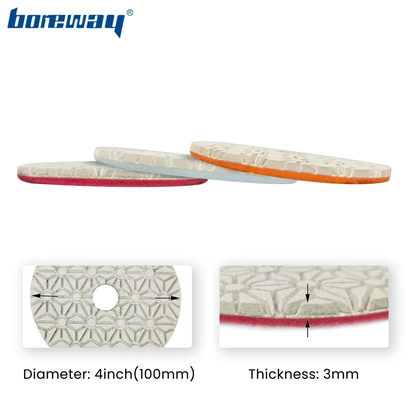 Boreway 4-calowa diamentowa tarcza polerska na mokro z wzorem kwiatowym, 3-stopniowe tarcze szlifierskie, gradacja # 1 # 2 # 3 dla płyt podłogowych z kamienia marmurowego
