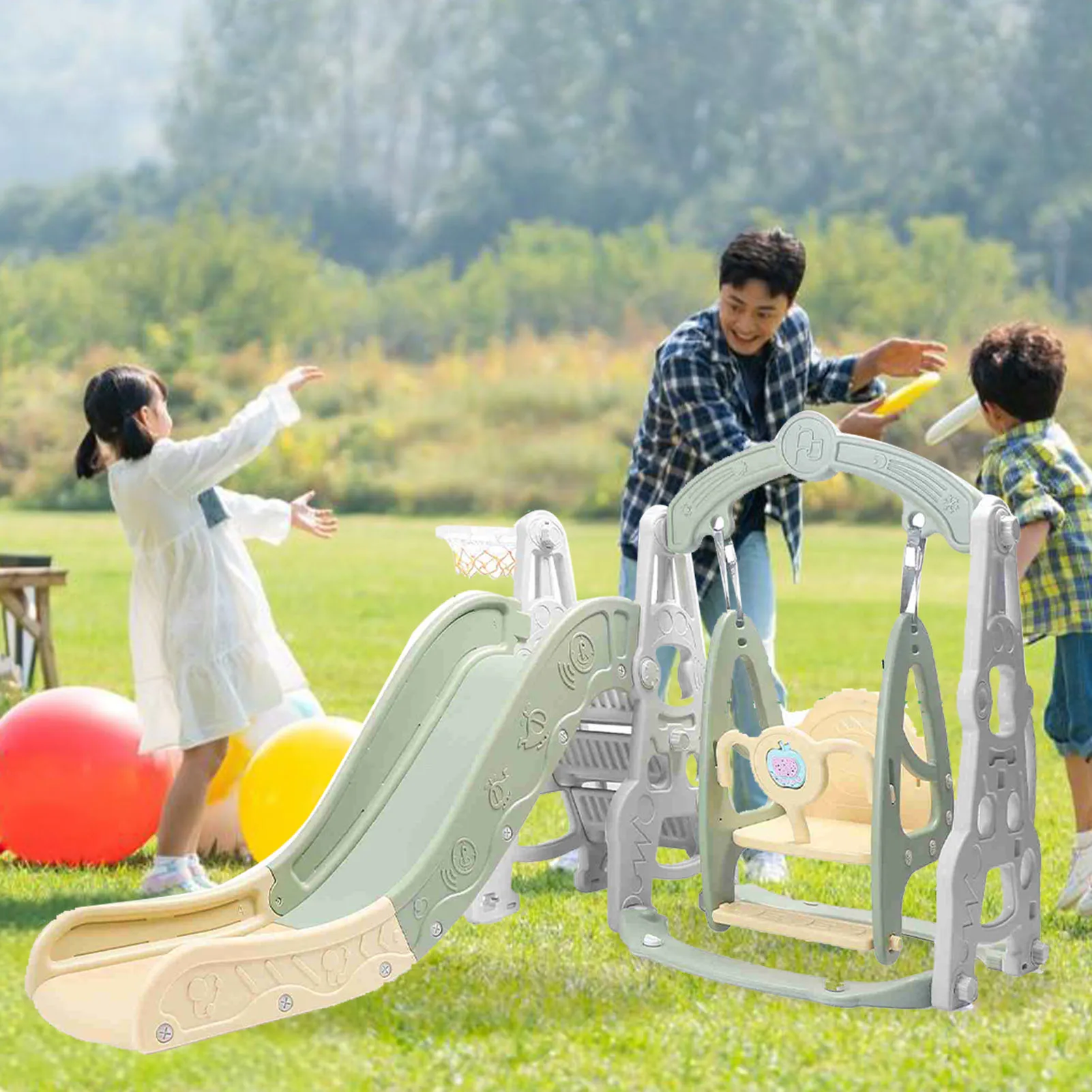 4-in-1 speelset voor peuters, schommelglijbaan, klimmer, basketbalring, achtertuin, binnenspeelset voor jongens en meisjes