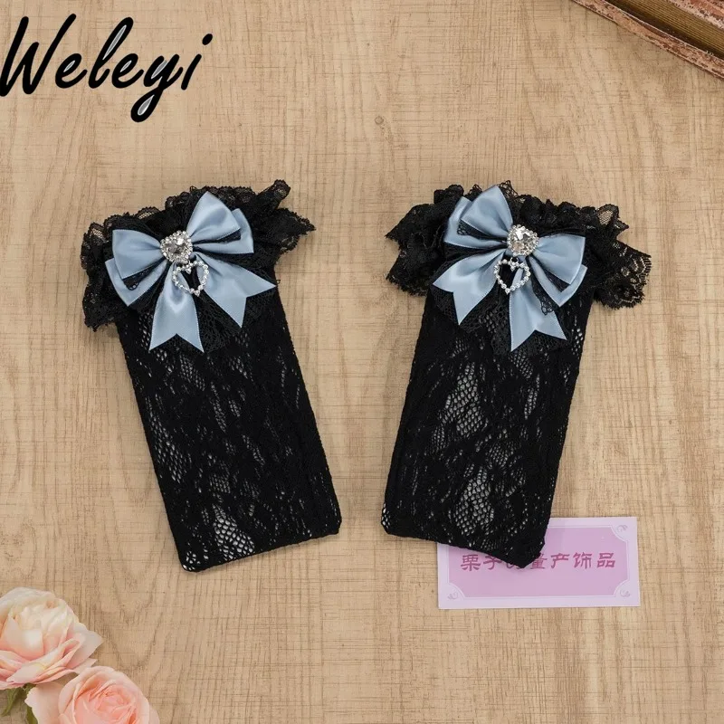 Lolita Mine Series Rhinestone Love Bow Lace Knee Socks for Women 2024 New Japanese Handmade Mass-produced Middle Tube Socks