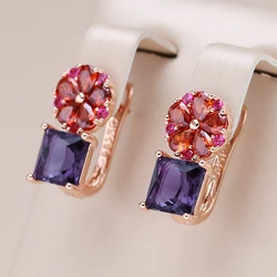 Kinel Square Purple Natural Zircon Drop Earrings For Women 585 Rose Gold Color Flower Jewelry