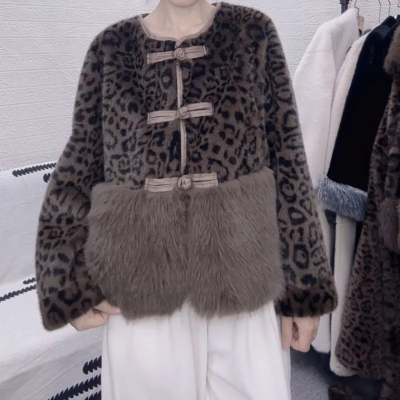 Women's Clothing Autumn Winter New Fashion Leopard Print Faux Fur Coat Short  Coats for Women Patchwork Jacket Single-breasted