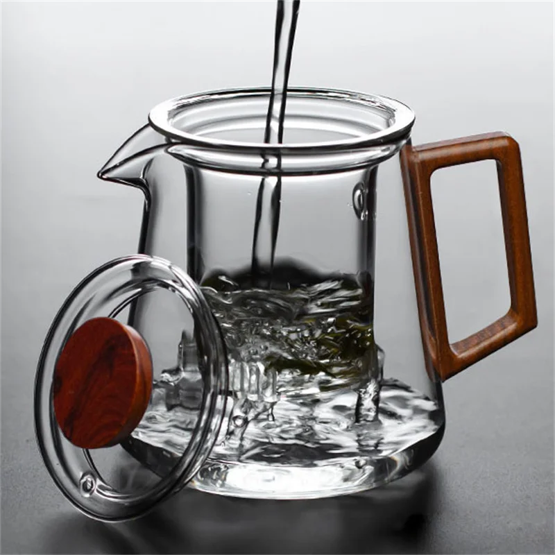 Teiera in vetro da 580ml con filtro manico in legno resistente al calore per uso domestico macchina da tè trasparente Set da tè per fiori brocca