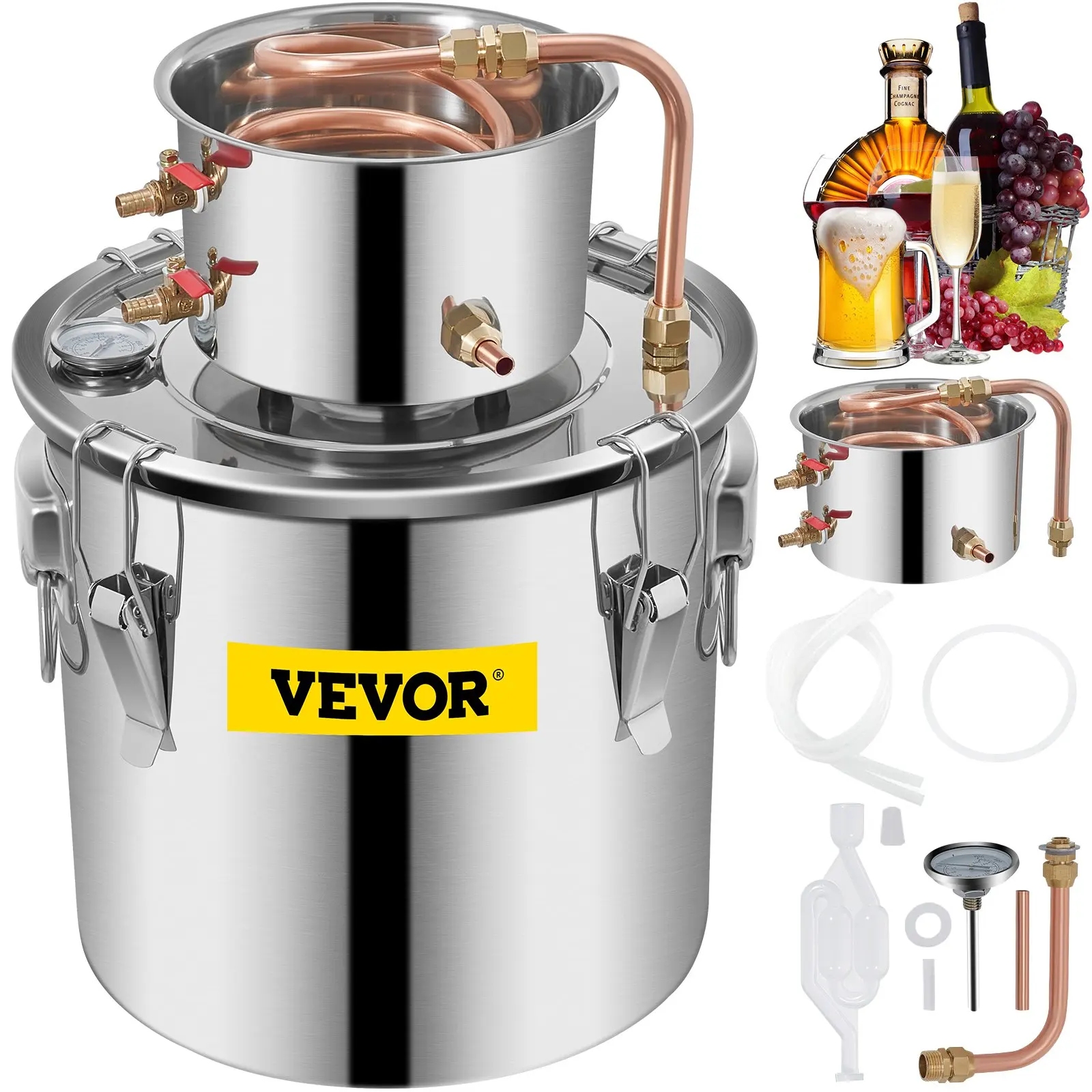 

VEVOR Alambic Distiller Alcohol Moonshine 5 Gal DIY Still Stainless Copper Home Brew Water Wine Essential Oil Brewing Kit