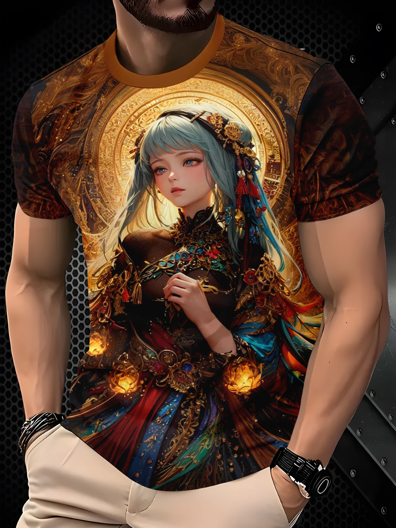 Men Crew Neck Tee With Vintage Golden Backdrop Cartoon Lady Art Decor Print