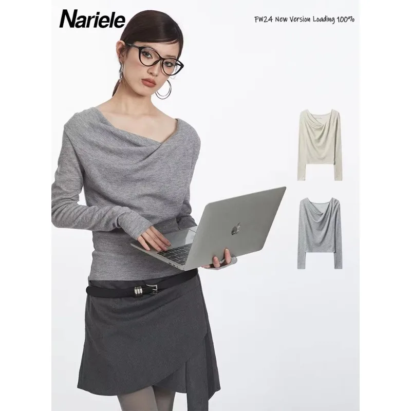 

Nariele Slim Knitwear Women 2024 Autumn Commuting Design Fashionable Tops Female Chic Long-sleeved Top Solid T-shirt