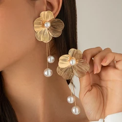 Romantic Flower Petal Long Tassel Drop Earrings for Women 2024 Trend Imitation Pearl Hanging Piercing Earrings Wed Jewelry Gift