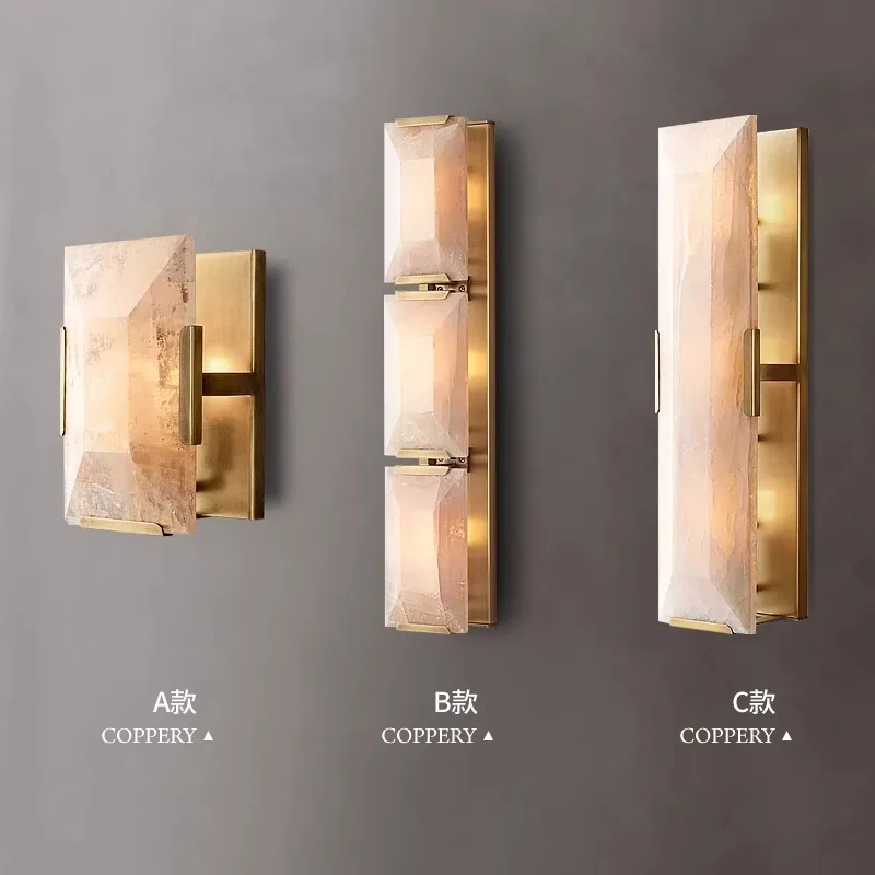 

Spanish All Copper Rectangle Marble Wall Lamps Villa Living Room Background Wall Decor Corridor LED Lighting Ornament Restaurant