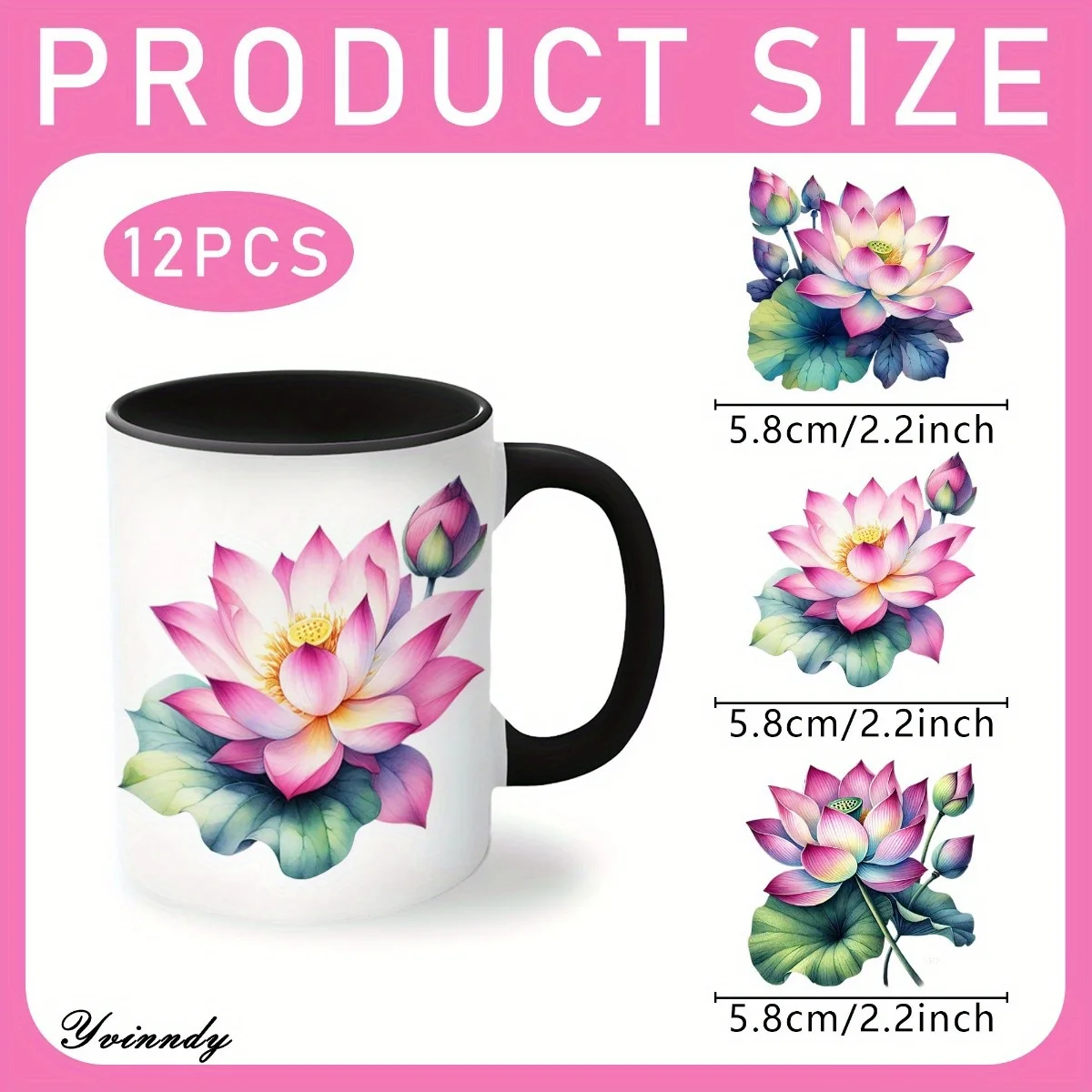 12Pcs/Set Watercolor Beautiful Lotus Flowers DIY Glass Jar Packaging Stickers UV DTF High Self-Adhesive Transfer Paper