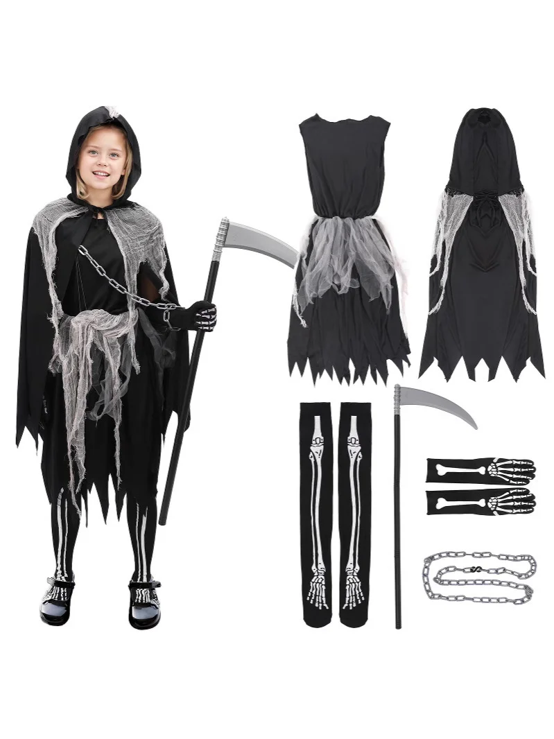 Halloween Fiend Outfit For Girl Hooded Cloak Mesh Costume Kid Carnival Party Dark Cosplay Garment Scythe Chain Complete Clothing