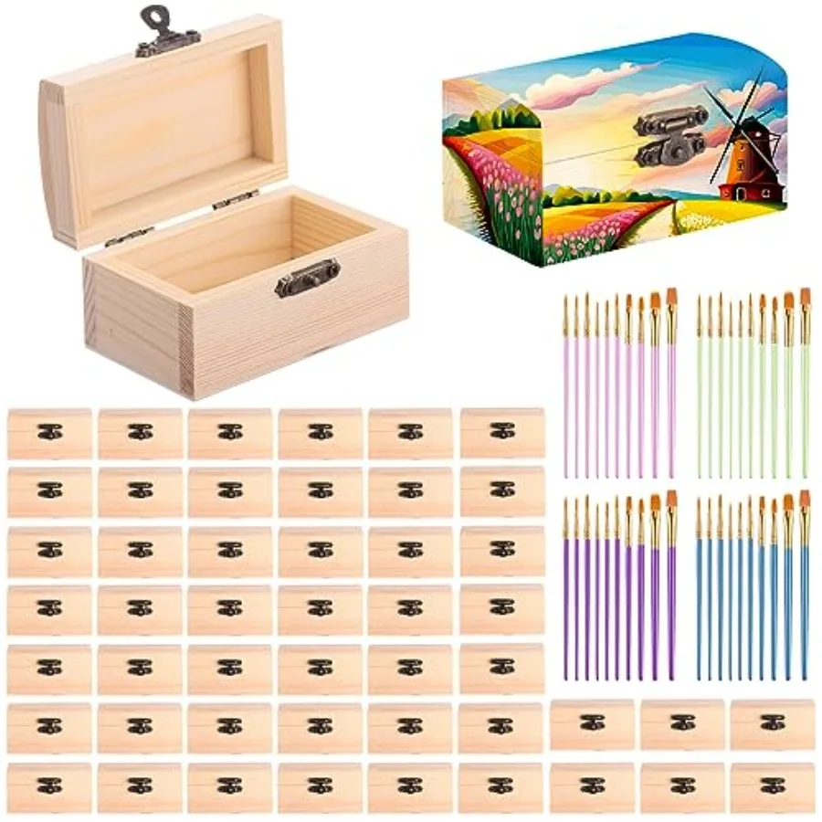 

48 Pcs Unfinished Wooden Craft Boxes with Paintbrushes Small Wooden Boxes Small Treasure Chest with Lid and Clasp Wood Storage