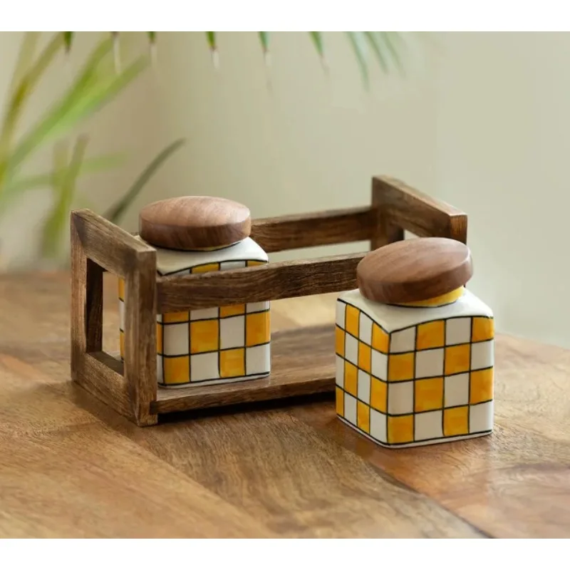 Checkered multi-functional ceramic storage tank and capacity with a set of hand-embossed airtight wooden supports