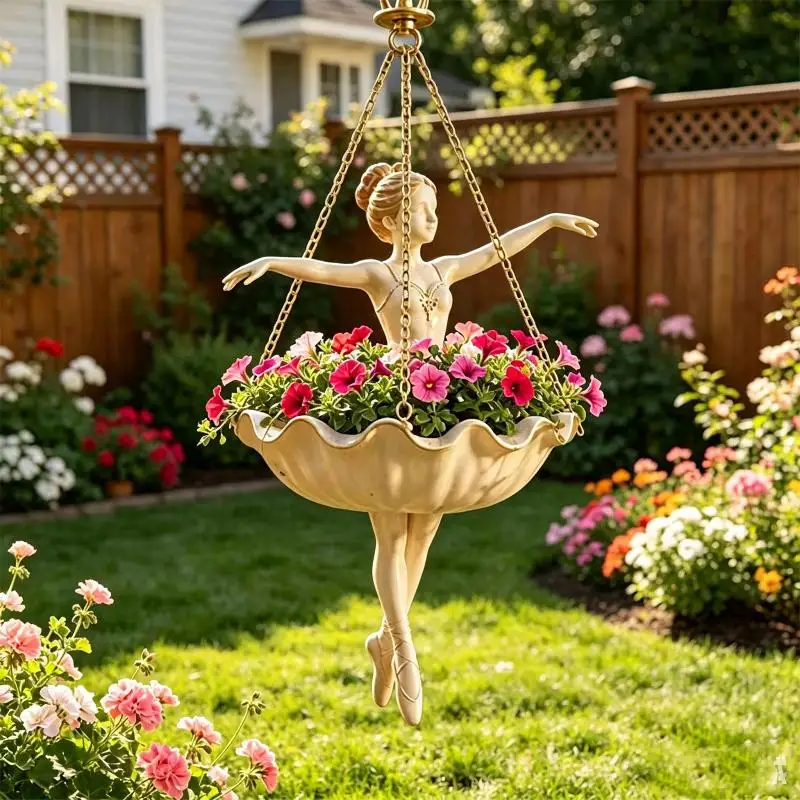 New Resin Ballet Dancer Hanging Planter Elegant Ballerina Figure Hand Carved Fairy Flower Pot Whimsical UV Resistant