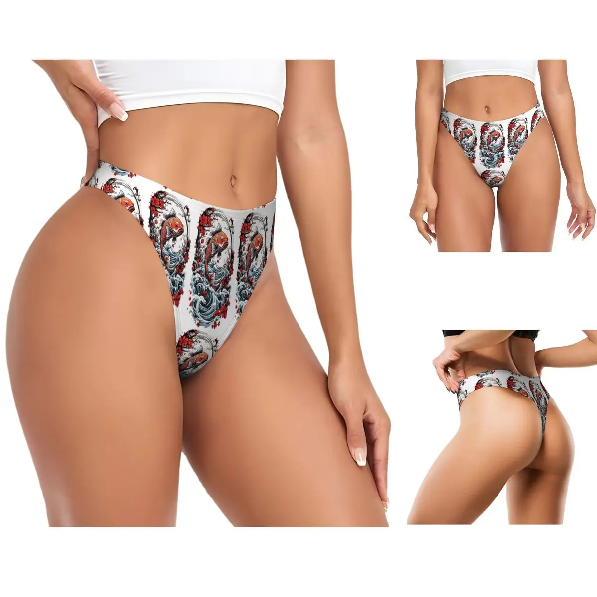 Custom Japanese Koi Fishing Streetwear Style G-string Panties Breathable Women Stretch Thongs Comfort Underwear