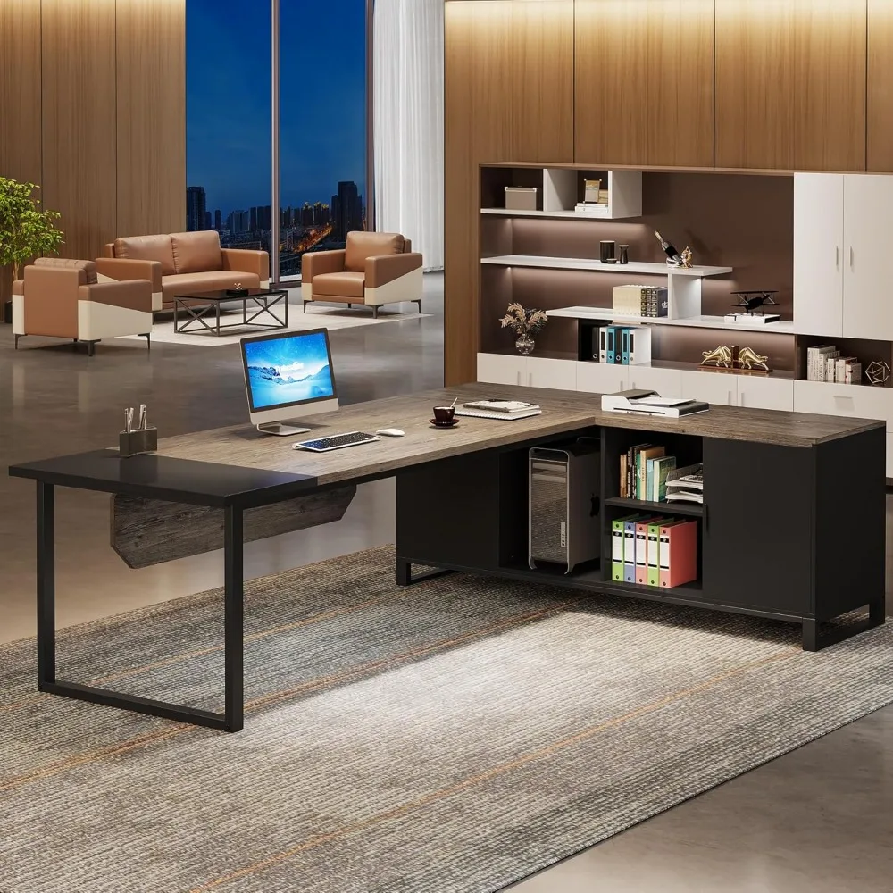 70.8-Inch Directiebureau Met 55-Inch Archiefkast, Groot L-Vormig Computerbureau Met Opbergkast En Planken, Industrieel