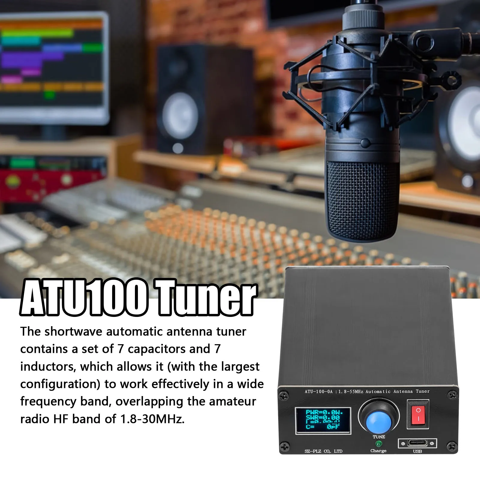 

ATU-100-0A 1.8-55MHz Automatic Antenna Tuner 0.91inch OLED Display Aluminum Alloy Outcase with1500MAh Battery