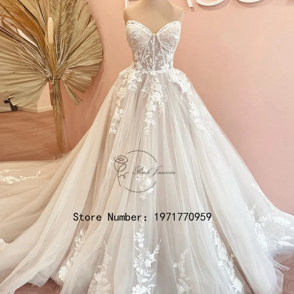 Strapless Glitter Wedding Dress ForPrincess A Line Lace 2024 New Applique Elegant Bridal Gowns Zipper Back Robe De Mariée