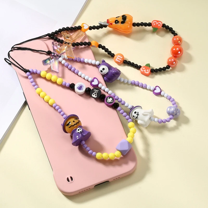 Halloween Ghost Pumpkin Lamp Phone Chain Beaded Mobile Phone Lanyard Wrist Strap For Girls Anti-Lost Cellphone Straps