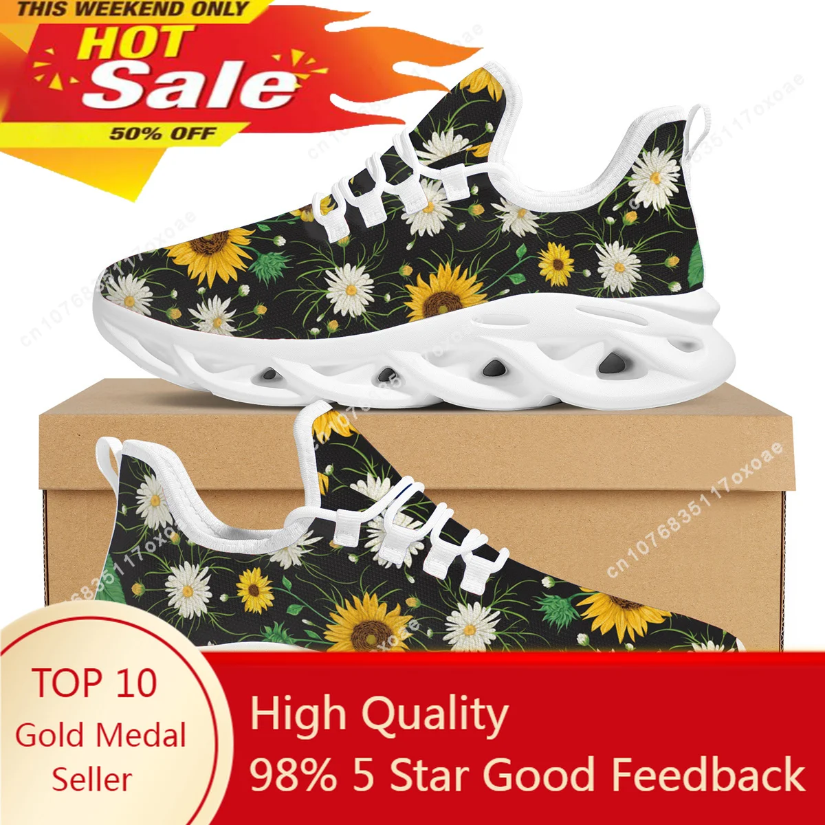 

2022 Hot Style Lace Up Sneakers Sunflower Pattern Print Women Flats Lightweight Breathable Jogging Shoes Chaussure Femme