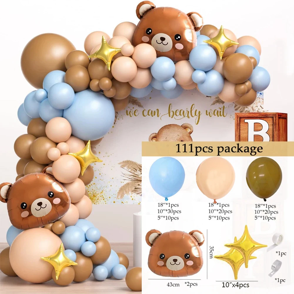 111/77pcs Teddy Brown Bear Balloon Garland Kit for Apricot Blue Balloons Kids Birthday Party Decorations Boy or Girl Baby Shower