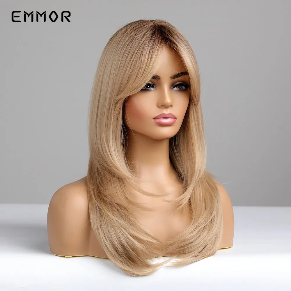 Emmor-Peluca de cabello sintético para mujer, postizo de color marrón a rubio con flequillo, Natural, resistente al calor, para uso diario