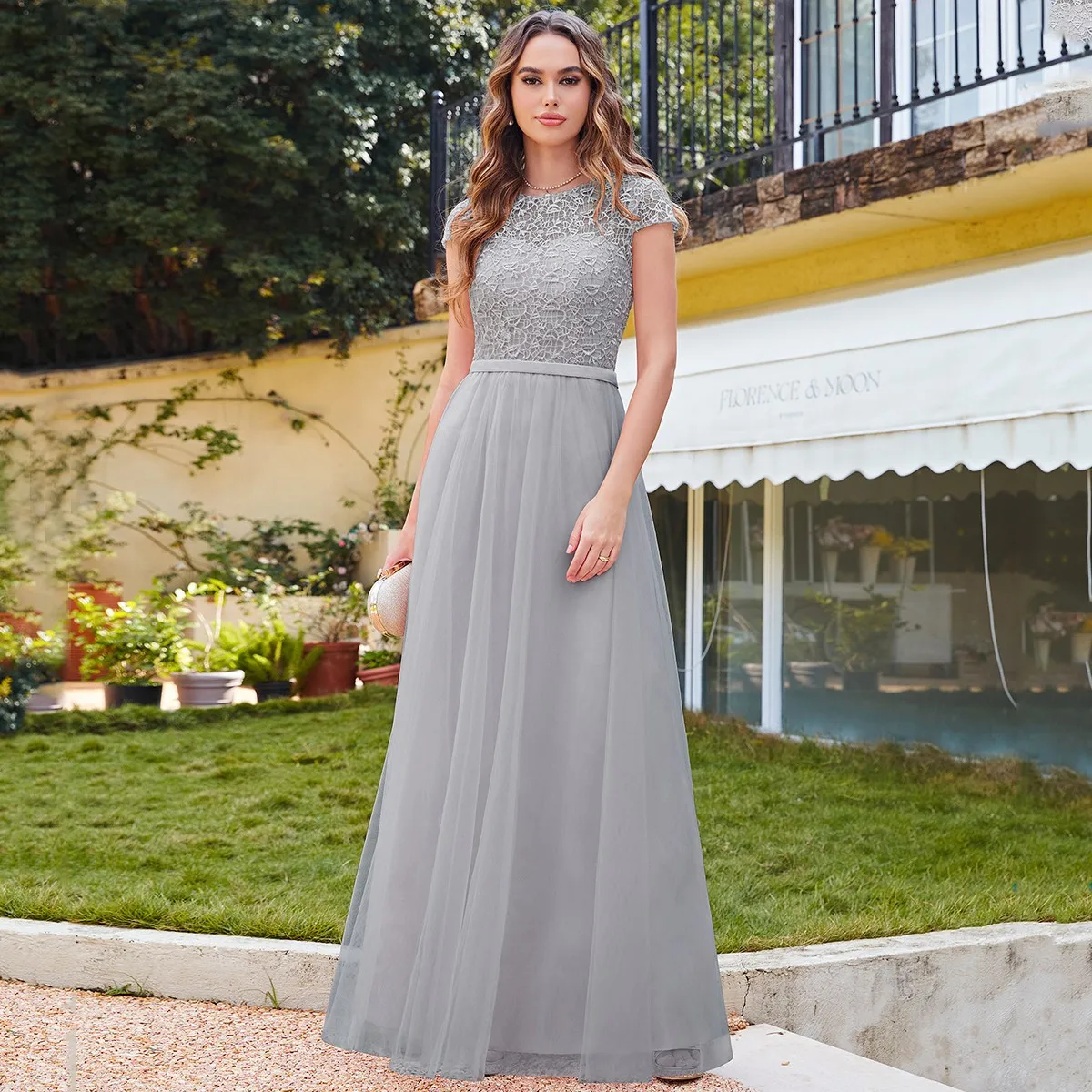 

MisShow Lace Silver Long Bridesmaid Dresses 2024 Elegant Tulle A Line Formal Evening Gowns Maxi Party Prom Vestido de Festa