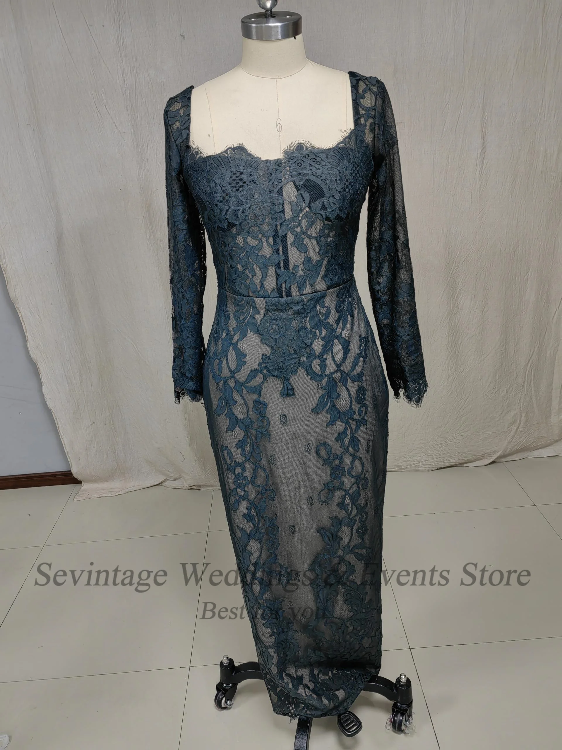 Sevintage Black Lace Prom Dresses Mermaid Long Sleeeves Formal Women Party Gowns Sexy Ankle Length Midi Evening Pageant Gown