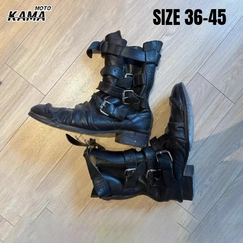 

Черные плиссированные ботинки до середины икры с несколькими пряжками, женские зимние ботинки 2026, байкерские ботинки в стиле панк с круглым носком на массивном каблуке, рыцарские сапоги