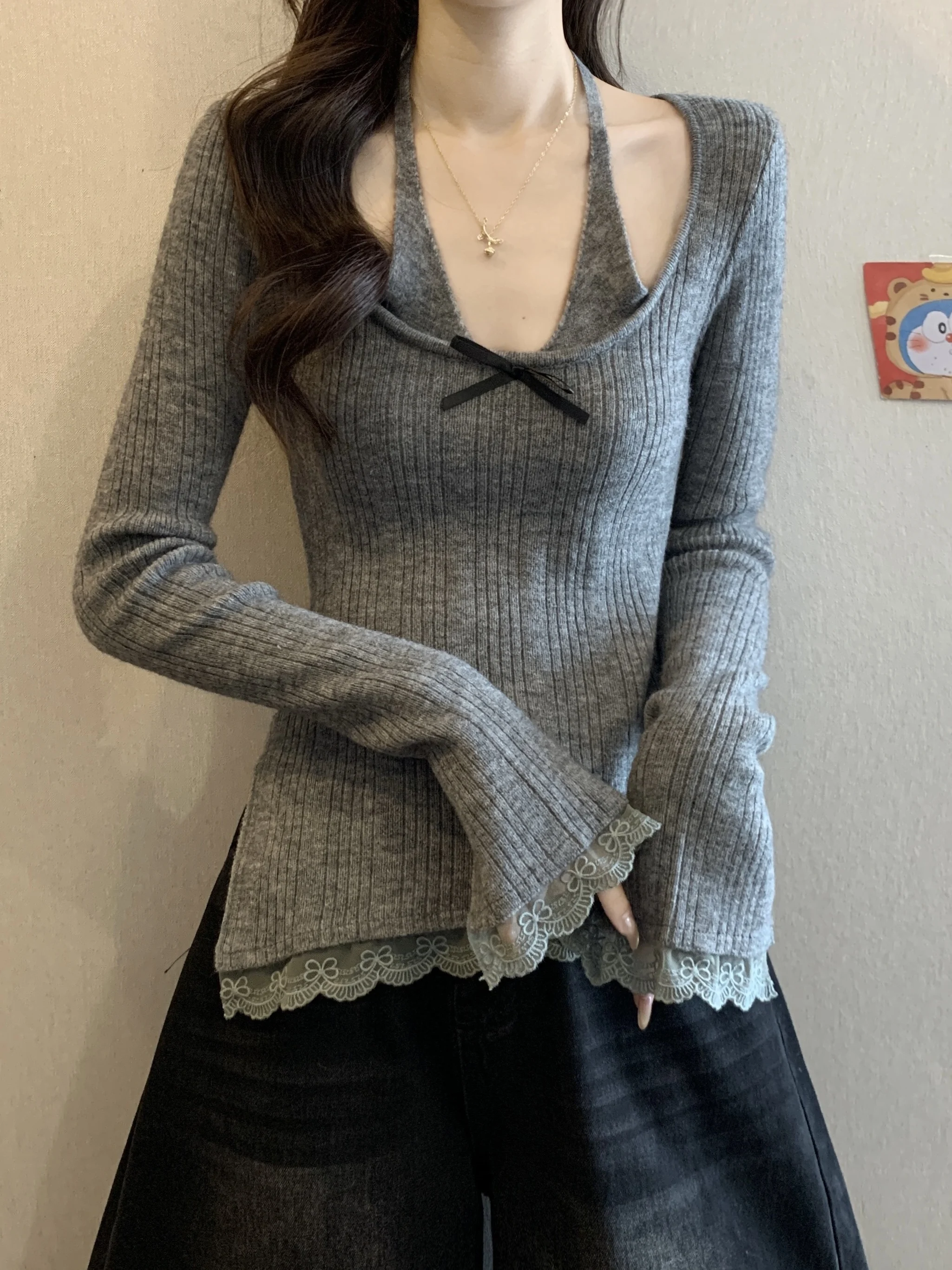 

Вязаный топ больших размеров с рукавами-колокол и кружевной отделкой, женская осенне-зимняя модная сексуальная базовая кофта с вырезом на шее